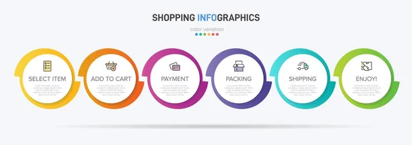 Koncepcja procesu zakupów z 6 kolejnymi krokami. Sześć kolorowych elementów graficznych. Projekt harmonogramu dla broszury, prezentacji, strony internetowej. Układ projektu infograficznego. — Wektor stockowy