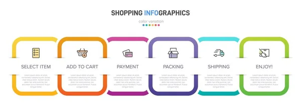 Concepto de proceso de compra con 6 pasos sucesivos. Seis coloridos elementos gráficos. Diseño de línea de tiempo para folleto, presentación, sitio web. Diseño infográfico. — Archivo Imágenes Vectoriales