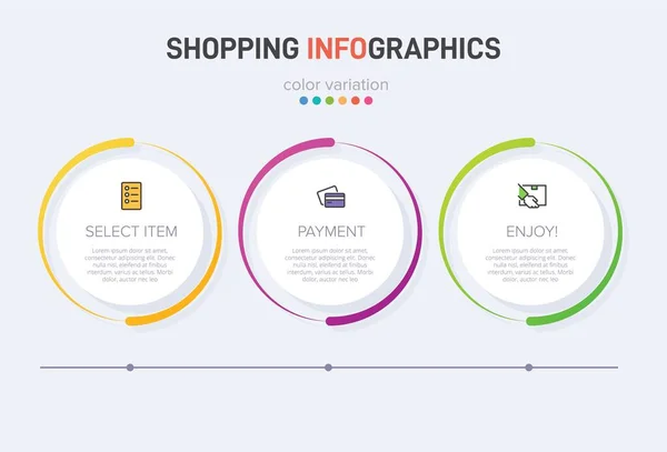 Concept de processus d'achat en 3 étapes successives. Trois éléments graphiques colorés. Conception du calendrier pour la brochure, la présentation, le site Web. Mise en page infographique. — Image vectorielle