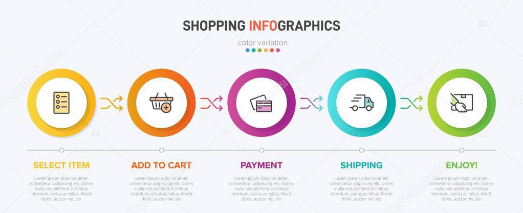 Concept of shopping process with 5 successive steps. Five colorful graphic elements. Timeline design for brochure, presentation, web site. Infographic design layout.