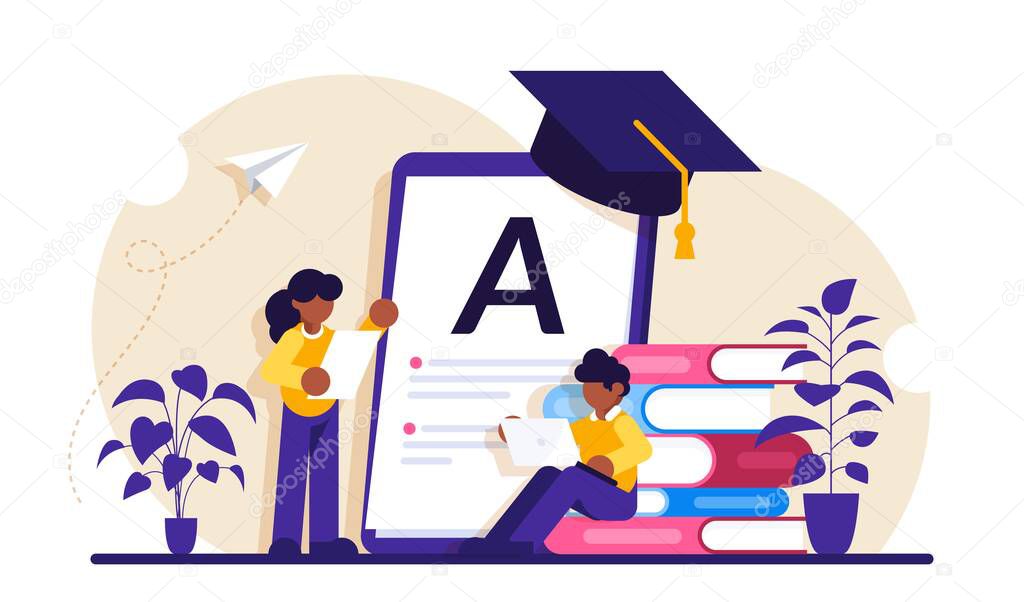 Home-school your kids concept. Children at home with tutor or parent getting education, tiny people. Home schooling, home education plan, homeschooling online tutor. Modern flat illustration.