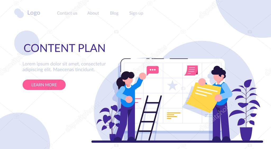 Content plan concept. Planning concept. Entrepreneurship and calendar schedule planning with filling course campaign. Events social media content and professional plan workers communications.
