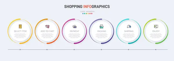 Altı adımlı alışveriş süreci kavramı. Altı renkli grafik elementi. Broşür, sunum ve web sitesi için zaman çizelgesi tasarımı. Infographic tasarım düzeni. — Stok Vektör