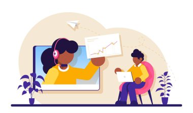 İnternetteki iş konferansı konsepti. Giyin ve çalışanların eğitimini al. Uzaktan eğitim, video eğitimi. Toplantı ve görüşmeler, ortaklar. Modern düz resimleme.