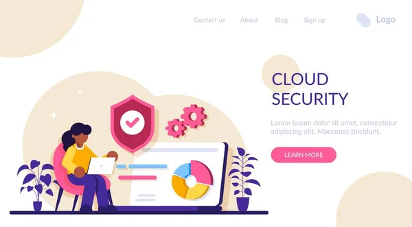Conceito de segurança na nuvem. Segurança digital pessoal. Defesa, proteção contra hackers, golpistas. Violações de dados, prevenção de vazamentos de dados. Ilustração plana moderna. — Vetor de Stock