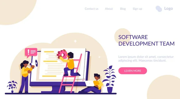 Concepto de equipo de desarrollo de software. La gente configura la aplicación. Desarrollo de back end. Proceso de desarrollo de software. Concepto de fondo. Ilustración plana moderna. — Vector de stock