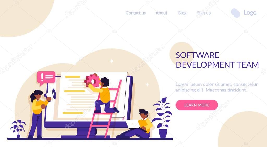 Software development team concept. People configure the application. Back end development. Software development process. Back-end concept. Modern flat illustration.