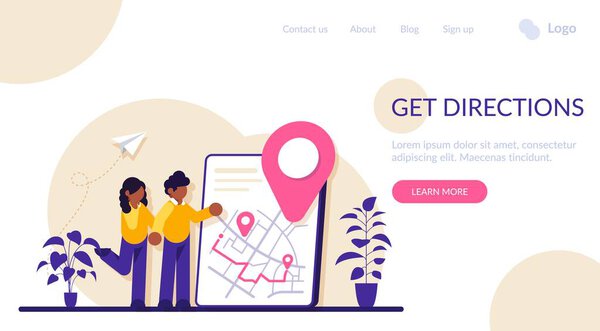 Получить концепцию направления. Знамя с принятым направлением. Концепция получения маршрута для достижения пункта назначения. Современная плоская иллюстрация.