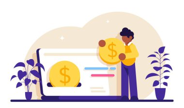 Nakit para konsepti. Mutlu insanlar alıcı için nakit para alıyorlar. Dizüstü bilgisayardan e-cüzdana para transferi. Çevrimiçi bankacılık. Para biriktiriyorum. Para iadesi. Modern düz resimleme.