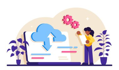 Veri girişi konsepti. Büyük veriler, bulut teknolojisi. Büyük miktarda bilgi depolama, paylaşma, analiz ve işleme. Araçlar, görselleştirme, veri giriş hizmetleri. Modern düz resimleme.