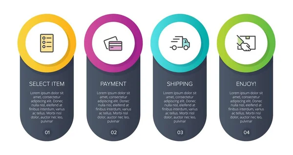 Concepto de proceso de compra con 4 pasos sucesivos. Cuatro coloridos elementos gráficos. Diseño de línea de tiempo para folleto, presentación, sitio web. Diseño infográfico. — Archivo Imágenes Vectoriales