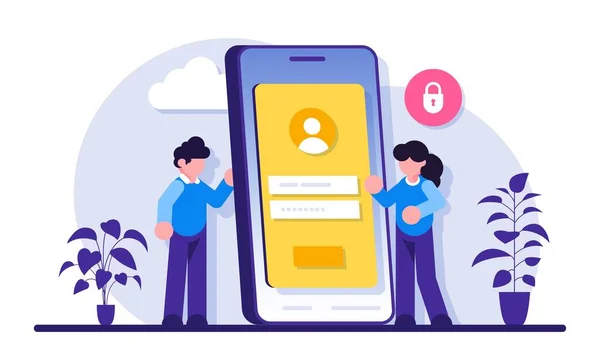 Assine o conceito de interface de página. Formulário de login do usuário, UI, registro de nova conta. Informações de proteção. Ilustração plana moderna. — Vetor de Stock