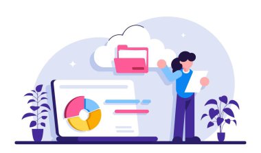 Bulut mühendisliği konsepti. Bulut hesaplama, ağ sunucu platformu. Veri yükleme ve veritabanı sunucuları. Özel bulut deposu, güvenli dosya paylaşımı, otomatik yedekleme. Modern düz resimleme.