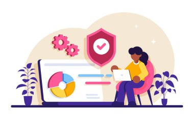 Bulut güvenlik kavramı. Kişisel dijital güvenlik. Savunma, hackerlara karşı koruma, dolandırıcılar. Veri sızıntıları, veri sızıntısı önleme. Modern düz resimleme.