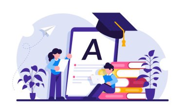 Çocuklarına evde eğitim ver. Evde öğretmenli çocuklar ya da eğitim alan ebeveynler, küçük insanlar. Evde eğitim, evde eğitim planı, evde eğitim online hocası. Modern düz resimleme.