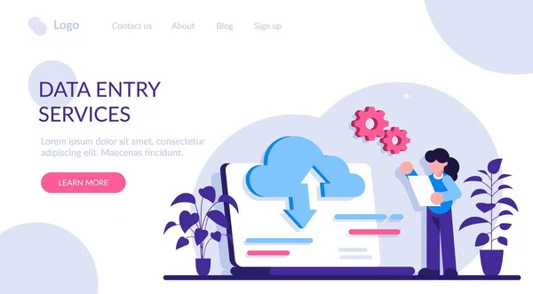 Concepto de servicios de entrada de datos. Big data, tecnología de nube. Gran cantidad de almacenamiento, intercambio, análisis y procesamiento de información. Herramientas, visualización, servicios de entrada de datos. Ilustración plana moderna. — Archivo Imágenes Vectoriales
