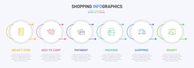 Altı adımlı alışveriş süreci kavramı. Altı renkli grafik elementi. Broşür, sunum ve web sitesi için zaman çizelgesi tasarımı. Infographic tasarım düzeni.