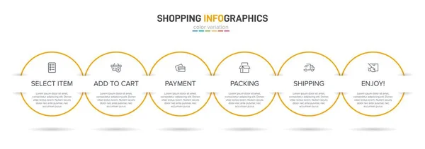 Altı adımlı alışveriş süreci kavramı. Altı renkli grafik elementi. Broşür, sunum ve web sitesi için zaman çizelgesi tasarımı. Infographic tasarım düzeni. — Stok Vektör