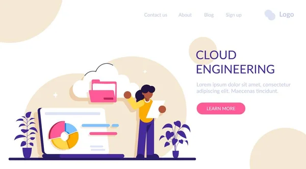 Cloud Engineering Konzept. Cloud Computing, Webhosting-Plattform. Datenhochladen und Datenbankserver. Private Cloud-Speicherung, sichere Dateifreigabe, automatische Datensicherung. Moderne flache Illustration. — Stockvektor