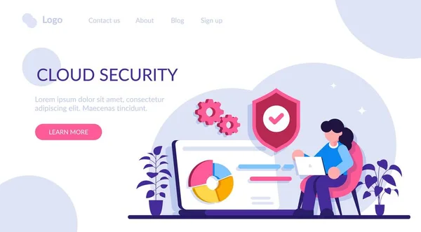 Molnsäkerhetskoncept. Personlig digital säkerhet. Försvar, skydd mot hackare, bedragare. Dataintrång, förebyggande av dataläckage. Modern platt illustration. — Stock vektor