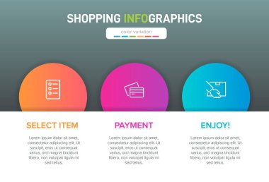 Üst üste üç adımla alışveriş süreci kavramı. Üç renkli grafik öğe. Broşür, sunum ve web sitesi için zaman çizelgesi tasarımı. Infographic tasarım düzeni.