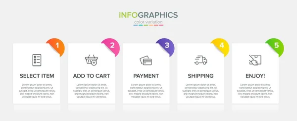 Konzept des Einkaufsprozesses mit 5 aufeinander folgenden Schritten. Fünf farbenfrohe grafische Elemente. Timeline-Design für Broschüre, Präsentation, Website. Gestaltung der Infografik. — Stockvektor