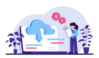 Veri girişi konsepti. Büyük veriler, bulut teknolojisi. Büyük miktarda bilgi depolama, paylaşma, analiz ve işleme. Araçlar, görselleştirme, veri giriş hizmetleri. Modern düz resimleme.