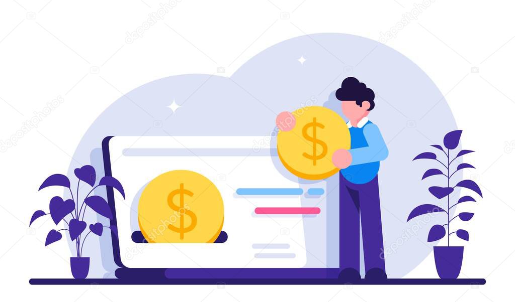 Cashback concept. Happy people receiving cashback for a buyer. oins or money transfer from laptop to e-wallet. Online banking. Saving money. Money refund. Modern flat illustration.