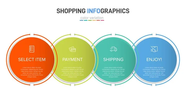 Conceito de processo de compras com 4 etapas sucessivas. Quatro elementos gráficos coloridos. Design de linha do tempo para brochura, apresentação, site. Layout de design infográfico. — Vetor de Stock