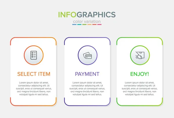 Concept of shopping process with 3 successive steps. Three colorful graphic elements. Timeline design for brochure, presentation, web site. Infographic design layout. — Stock Vector
