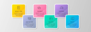 Altı adımlı alışveriş süreci kavramı. Altı renkli grafik elementi. Broşür, sunum ve web sitesi için zaman çizelgesi tasarımı. Infographic tasarım düzeni.