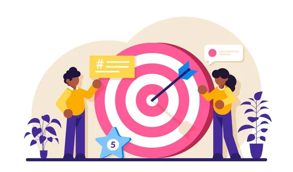 Business Strategy or Vision, big target with people, teamwork. Move up motivation, target achievement, successful contract team work. Modern flat illustration. — Stock Vector