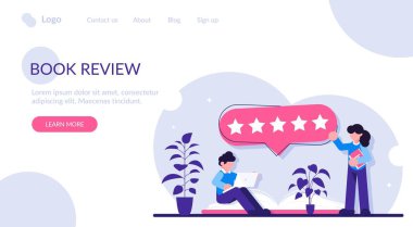 Kitap gözden geçirme konsepti. Okuyucular en yüksek notu veriyor. Kalite için beş yıldız. Modern düz resimleme.