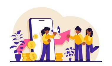 Bir arkadaş modern illüstrasyon konseptine atıfta bulun. İş kadını megafonla bağırır. Arkadaşça kelimeler kullanın. İniş sayfaları, şablon, ui, web, mobil uygulama, poster afişi ya da el ilanı için kullanılabilir..