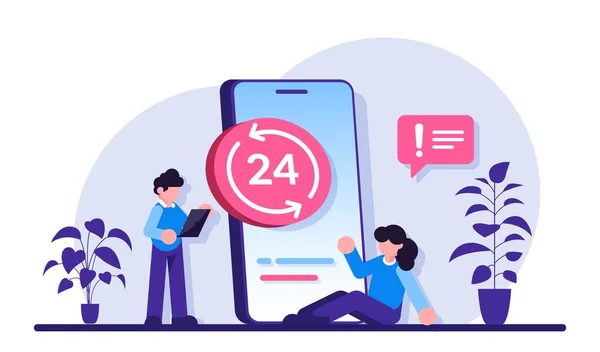 24 7 service concept of call center, grote smartphone en kleine mensen met laptops. Non-stop klantenondersteuning. Moderne platte illustratie. — Stockvector