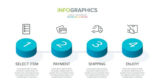 Concept de processus d'achat en 4 étapes successives. Quatre éléments graphiques colorés. Conception du calendrier pour la brochure, la présentation, le site Web. Mise en page infographique. — Image vectorielle