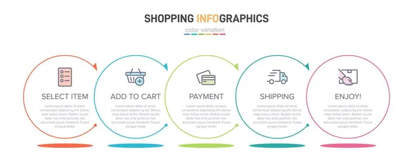 Koncepcja procesu zakupów z 5 kolejnymi krokami. Pięć kolorowych elementów graficznych. Projekt harmonogramu dla broszury, prezentacji, strony internetowej. Układ projektu infograficznego. — Wektor stockowy