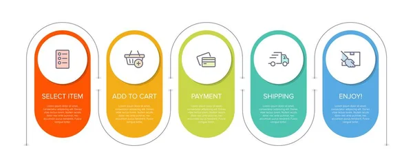 Concepto de proceso de compra con 5 pasos sucesivos. Cinco coloridos elementos gráficos. Diseño de línea de tiempo para folleto, presentación, sitio web. Diseño infográfico. — Archivo Imágenes Vectoriales