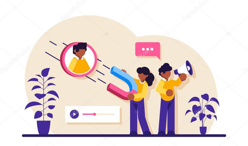 Find leads flat concept vector. Find new customer, content creation, sales funnel. Generate sales leads, digital marketing strategy, build brand awareness. Modern illustration.