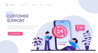 24 7 servis konsepti veya çağrı merkezi, büyük akıllı telefon ve dizüstü bilgisayarı olan küçük insanlar. Aralıksız müşteri desteği. Modern düz resimleme.