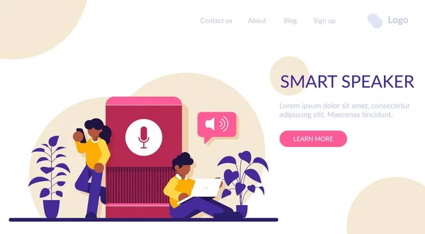 Usuário com alto-falante inteligente controlado por voz ou assistente de voz. Assistentes digitais ativados por voz, hub de automação residencial, conceito de internet das coisas. Ilustração plana moderna. — Vetor de Stock