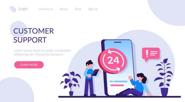 24 7 servis konsepti veya çağrı merkezi, büyük akıllı telefon ve dizüstü bilgisayarı olan küçük insanlar. Aralıksız müşteri desteği. Modern düz resimleme. — Stok Vektör