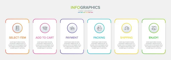 Koncepcja procesu zakupów z 6 kolejnymi krokami. Sześć kolorowych elementów graficznych. Projekt harmonogramu dla broszury, prezentacji, strony internetowej. Układ projektu infograficznego. — Wektor stockowy