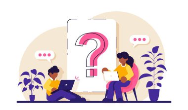 Belgede soru işareti var. İş kadını ve erkek, kağıtta kocaman bir soru işareti etrafında sorular soruyorlar. Modern düz resimleme.