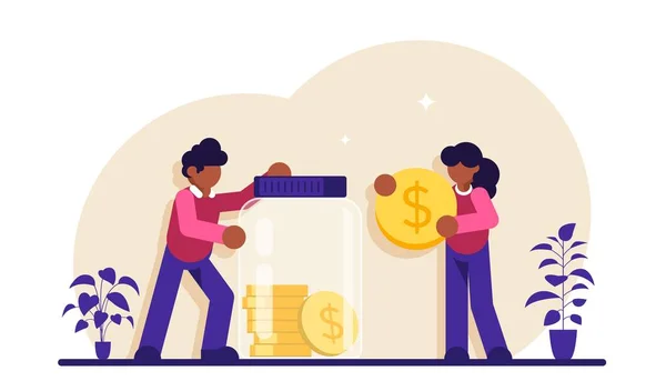 Säkra pengar koncept. Glasburk med mynt. Familjepar sparar pengar. Man och kvinna stoppar pengar i glasburk. Modern platt illustration. — Stock vektor