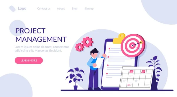 Project management flat concept vector. software di gestione del progetto, metodo a cascata, metodologia agile, professionista IT. Analisi aziendale, processo di pianificazione. Illustrazione moderna. — Vettoriale Stock