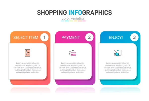 Concept de processus d'achat en 3 étapes successives. Trois éléments graphiques colorés. Conception du calendrier pour la brochure, la présentation, le site Web. Mise en page infographique. — Image vectorielle