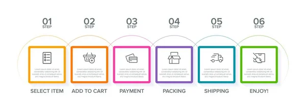 Altı adımlı alışveriş süreci kavramı. Altı renkli grafik elementi. Broşür, sunum ve web sitesi için zaman çizelgesi tasarımı. Infographic tasarım düzeni. — Stok Vektör