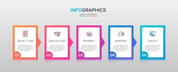 Koncepcja procesu zakupów z 5 kolejnymi krokami. Pięć kolorowych elementów graficznych. Projekt harmonogramu dla broszury, prezentacji, strony internetowej. Układ projektu infograficznego. — Wektor stockowy