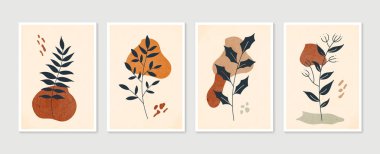 Botanik duvar sanat vektörü ayarlandı. Asgari ve doğal duvar sanatı. Soyut şekilli boho yaprak çizimi. Baskı, duvar kağıdı ve kapak için soyut Bitki Sanatı tasarımı. Modern vektör illüstrasyonu.